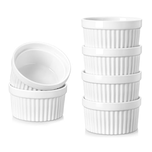 Image of vancasso 4 oz Ramekins, Souffle Dishes Set of 6, White Porcelain Creme Brulee Ramekins, Baking Cups for Pudding, Fruits, Dips, Dishwasher and Oven Safe