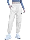 SANGTREE Women's Cargo Pants Multi-Pocket Elastic Waist Pull On Jogger Pants with Drawstring,White,L