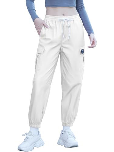 SANGTREE Girl Pants, Jogger Multi-Pocket Elastic Waist Pull On Cargo Pants with Drawstrings, White, 13-14 Years = Tag 170