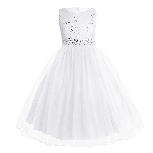 Girls Sequined Floral Lace Princess Dress Wedding Pageant Bridesmaid Dress Ball Gown with Rhinestones Sash