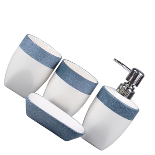 Yardenfun Juego De Accesorios De Baño Cerámicos Esmaltados Efecto Nieve, 4 Piezas (dispensador De Jabón, Jabonera, 2 Vasos), Antideslizante, Blanco y Azul, para Uso Doméstico y Hotelero