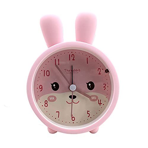 Children Cute Animal Dog/Cat Alarm Clock Silent Non Ticking Silicone Clock Night Light Travel Clock (A-Pink Rabbit)