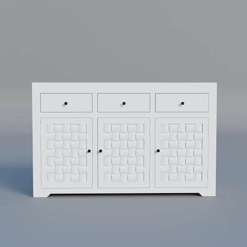 Image of Solid Sheesham Niwar Wood Deco White 3 Drawers and 3 Shelves Chest of Drawer, Storage Organizer Sideboard, Kitchen Cabinet, Cupboard Furniture for Bedroom, Living Room, Home & Office
