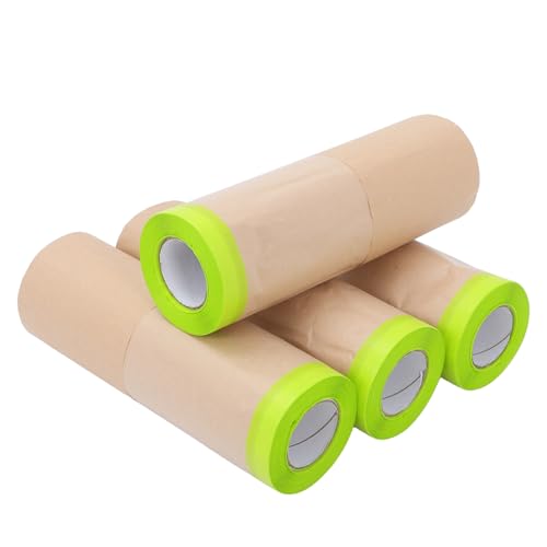 NIYANGLE Papel de Enmascarar Kraft 30 CM X 12 M 4 Rollos Preencintados Antipolvo para Pintar Coches y Proteger Muebles Película Protectora Resistente para Bricolaje y Automoción