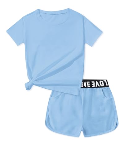 Image of Bestuline Girls Summer 2 Piece Outfits,Basic Short Sleeve Top & Shorts Set with Side Pockets,4-14Y