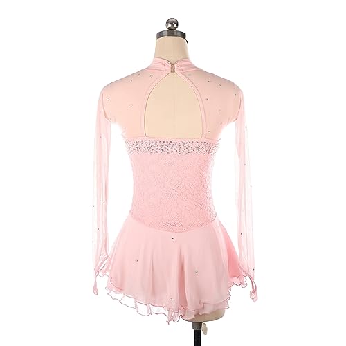 Vestido de Patinação Artística, Elegante Malha Sem Costas Mangas Ponta dos Dedos Brilhantes Strass C