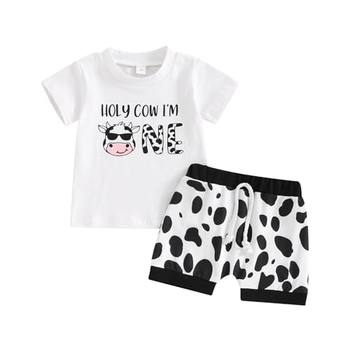 Saliuentm First Birthday Outfit Boy 1st Birthday Outfit Boy Short Sleeve Holy Cow Im One Print Shirt Shorts Baby Summer Clothes 2Pcs (D-White Cow,12-18 Months)