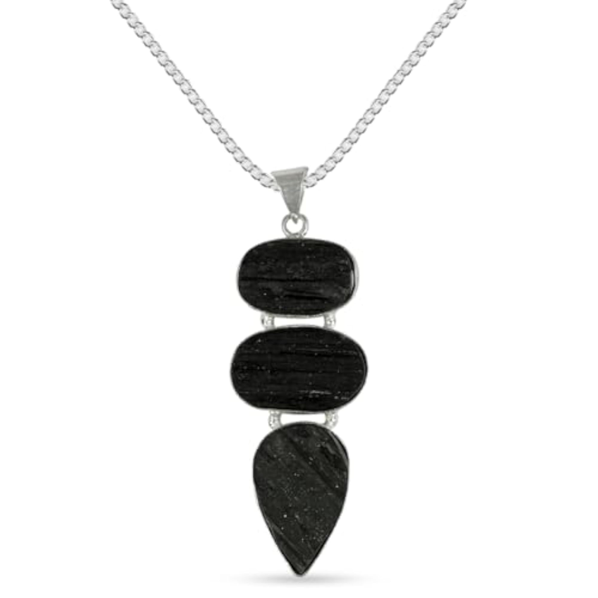 AAA Black Tourmaline Pendant with Metal Chain, Unisex