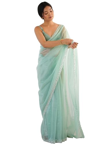 Image of AKHILAM Women's Net Embellished Saree With Unstitched Blouse Piece (AARYAN17101 KR Parent)
