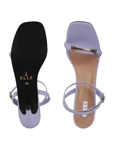 Image of ELLE Women's Square Toe Stiletto Heel Sandals with Gold-Tone Bar Detail and Crisscross Ankle Strap