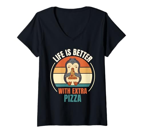 Donna Retro Penguin Pizza Life Is Better con Extra Pizza Maglietta con Collo a V