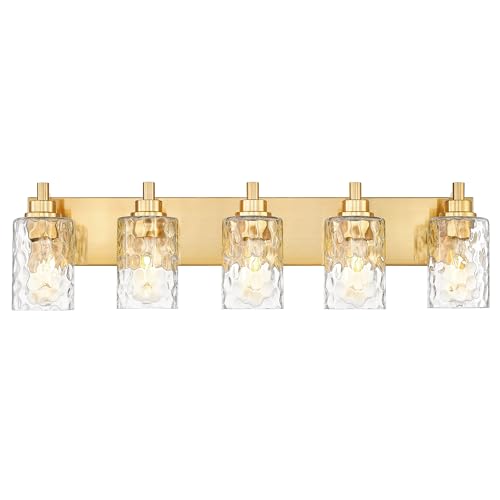 METWET 5-Light Bathroom Light Fixtures, 30 Inch Brushed Gold Vanity Lights with Clear Hammered Glass Cylinder Shade, Modern Vanity Lighting Fixture Over Mirror, VL198-BG-5