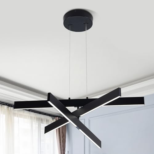 Black Modern LED Chandelier - 31.5" Sputnik Ceiling Light Fixture, 38W Dimmable Pendant for High Ceilings, Living Room, Dining Over Table, Bedroom - Stylish Hanging Restaurant Lighting…