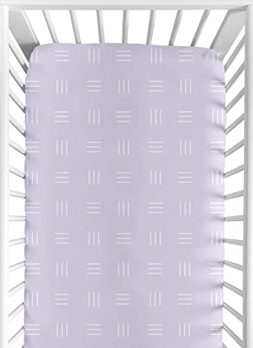 Image of Sweet Jojo Designs Lavender Purple Boho Mudcloth Girl Fitted Crib Sheet Baby or Toddler Bed Nursery - Light Lilac and White Bohemian Woodland Tribal Southwest Mud Cloth Hatch Triple Line Shabby Chic