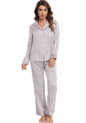 Image of Serenedelicacy Women's Satin Pajama Set Long Sleeve Button Down Sleepwear 2-Piece Silky Pj Set