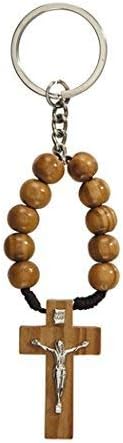 Religious Gifts - Olive Wood Prayer Bead One Decade Rosary with Cross Crucifix Keychain, 5 1/2 Inch