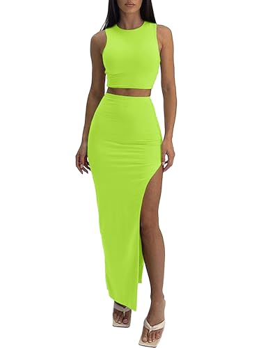 Image of ELLEVEN Sexy 2 Piece Maxi Skirt Sets for Women, Going Out Outfits | High Stretch, Lightweight, Slim Fit, Sleeveless Knit Crop Tank Top, High Slit Skirt Dress Set, Summer Date Night Outfits