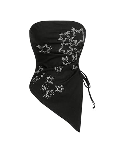 GORGLITTER Women's Y2k Goth Rhinestone Star Top Gothic Ruched Asymmetrical Strapless Bandeau Tops Concert Outfits