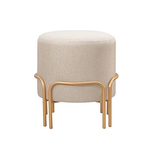 Puff Redondo Torvi em Linho e Base Metal Dourado Agarb Decor Cor:Linho Bege Claro