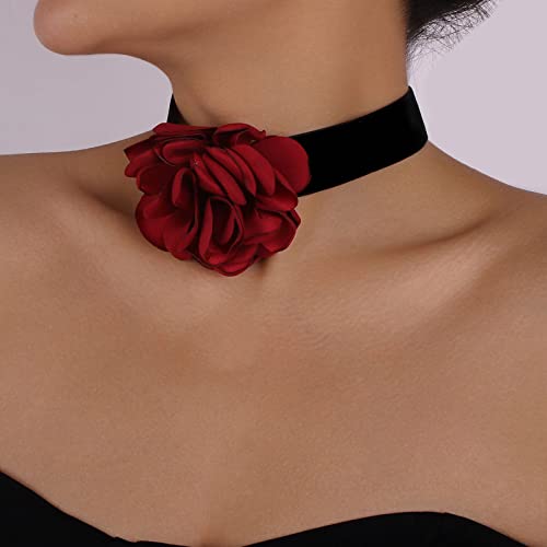 Zeshimb Boho Black Velvet Choker Necklace Red Flower Necklace 3D Rose Necklace Elastic Satin Collar Necklace Big Flower Exaggerated Necklace Jewelry For Women Girls Cosplay Necklace Gifts #TOP2