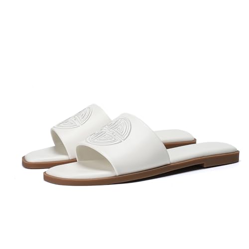 Stratuxx Kaze Womens Flat Sandals Dressy Summer Slide with Memory Foam Comfortable Cute Leather White Sandals for Women — view 2