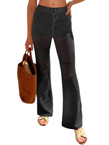 Saodimallsu Womens Beach Cover Up Pants Boho Crochet Knit High Waist Drawstring Sheer Hollow Swim Pant Swimwear