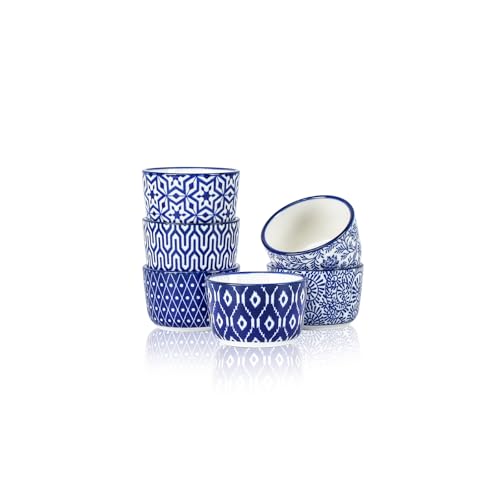 Selamica Ceramic Mini Ramekins 2 OZ Creme Brulee Ramekins Oven Safe Dipping Sauce Cups for Condiments Side Dish Set of 6 Vintage Blue