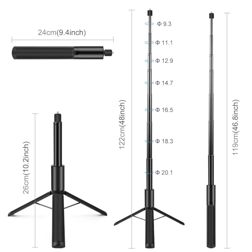 Image of Adofys 122cm 2-in-1 Invisible Selfie Stick + Tripod, Aluminum Alloy Retractable Invisible Selfie Stick Tripod for Insta360 X5 /x4 / X3 (Black) ONE R /RS, DJI Osmo Action Series