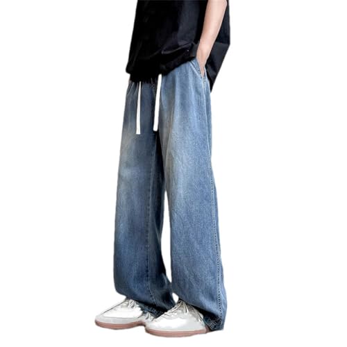 Men Drawstring Straight Pant Vintage Wash Denim Streetwear Trousers Wide Leg Jeans Loose Pants