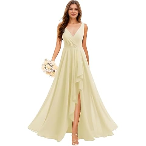 Faxpox Yellow Bridesmaid Dress with Slit Chiffon Formal Pleated Evening Dresses for Women Size 16 Cover