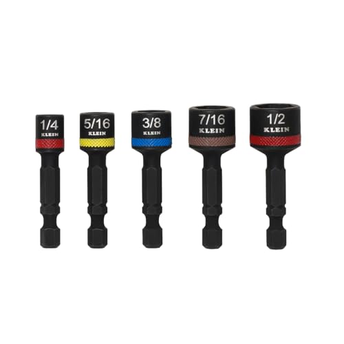 Image of Klein Tools 32925S Nut Setter Set, Magnetic Impact Driver Set, 2-Inch Power Nut Drivers, Color-Coded, SAE, Impact-Rated, 5-Piece