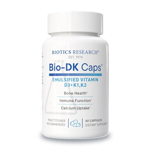 BIOTICS RESEARCH Bio-DK Caps™–Emulsified Vitamin D and K, Vitamin D3 125 mcg & Vitamin K (k1,k2) 550 mcg- MK7– Vitamin D3 K2 K1, Stronger Bones, Musculoskeletal Strength, Healthy Heart & BMI 60 Caps