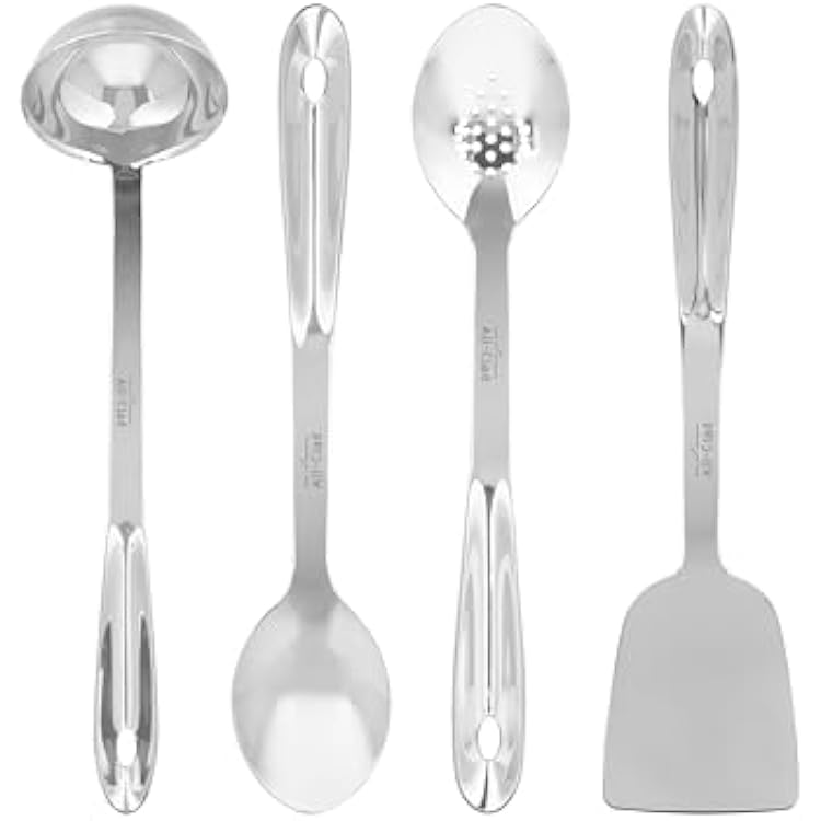 All-Clad 5-Piece Stainless Steel Kitchen Utensil Set Includes Ladle, Solid Spoon, Slotted Spoon, Turner & Storage Caddy Heavy-Gauge, Ergonomic, Dishwasher Safe, Silver