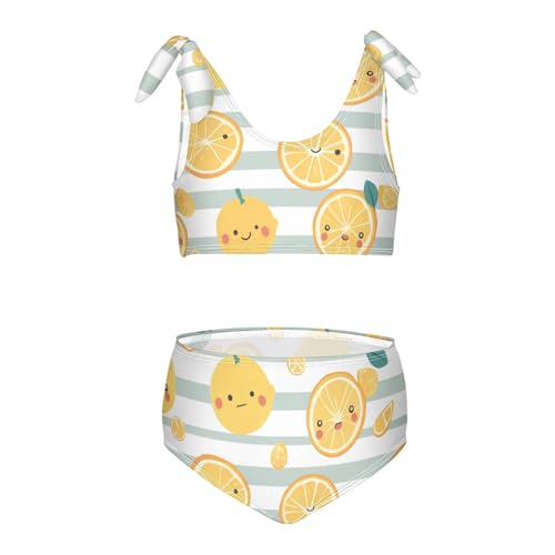 Cute Yellow Lemon Slices on Striped Girls' Two Piece Kids Bikini Set Quick-Dry Swimsuits Swimming Suits Adjustable Strap