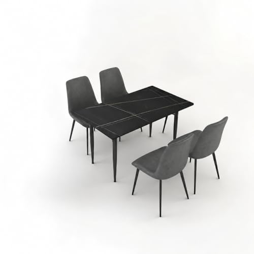 Image of Eclipse Four Seater Faux Marble Dining Set | 15mm Sintered Stone Dining Table | Upholstered Metal Chairs | Galaxy Black (DIY Assembly)