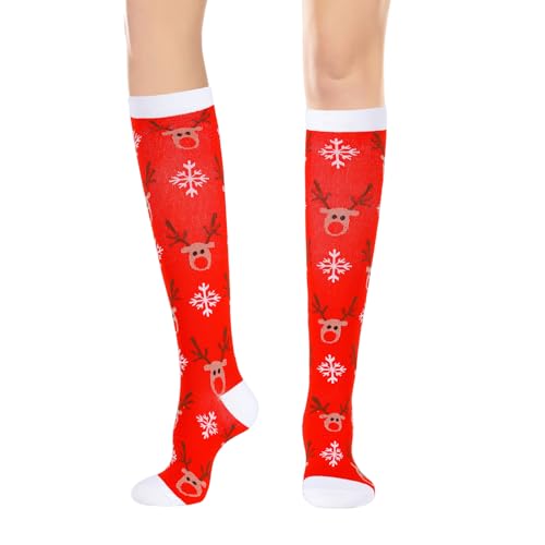 YOYOU Compression Socks for Women and Men Christmas Knee High Socks Reindeer Pattern Novelty Cute Cozy Long Socks Festive Casual Costume Accessories for Cosplay Parties Daily Sport