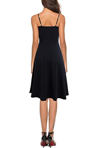 Women's Casual Summer Beach Flattering Flowy A-Line Spaghetti Straps Solid Cotton Button Down Midi Sundress2