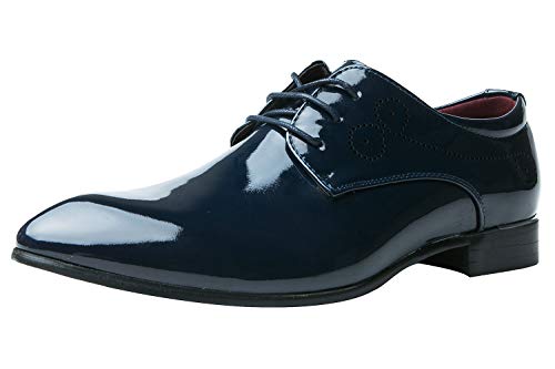 Dress Shoes for Men Pointed Toe Classic Patent Leather Lace Up Oxford Blue Red White2