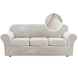H.VERSAILTEX Modern Velvet Plush 4 Piece High Stretch Sofa Slipcover Sofa Cover Furniture Protector Form Fit Luxury Thick Velvet Sofa Cover for 3 Cushion Couch Width Up to 90 Inch (Sofa, Oatmeal)