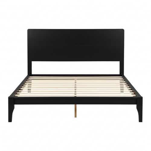 Image of Merax Queen Size Bamboo Platform Bed Frame with Tall Headboard, Black | Mid-Century Modern Solid Sustainable Bedframe Queen-Size, Wood Slat Support, No Box Spring Needed, Easy Assembly, Noise Free