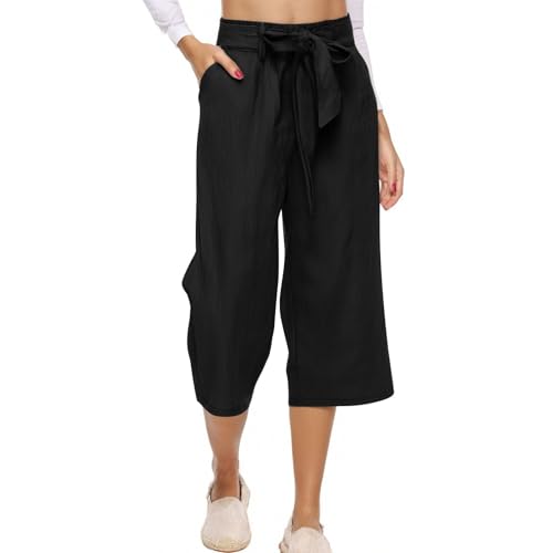 Linen Capris for Women Plus Size Paperbag High Waisted Crop Wide Leg Pants with Tie Summer Gaucho Pants Beach Outfits3