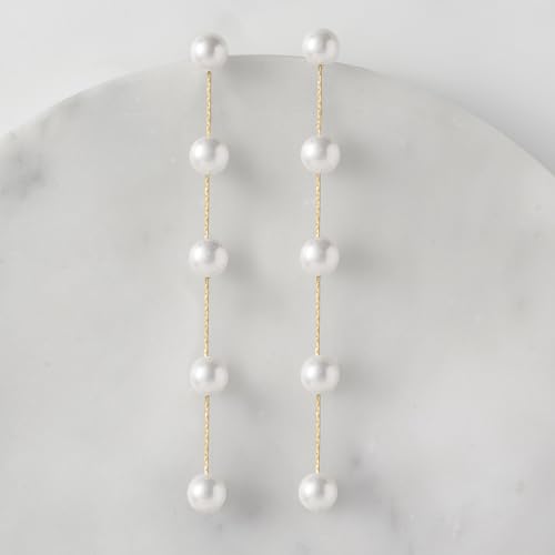 SWEETV 14K Gold Plated Long Pearl Drop Dangle Earrings for Women, Tassel Chain Baroque Pearl Wedding Bridal Earrings for Brides Bridesmaids, Prom Jewelry Gifts 6
