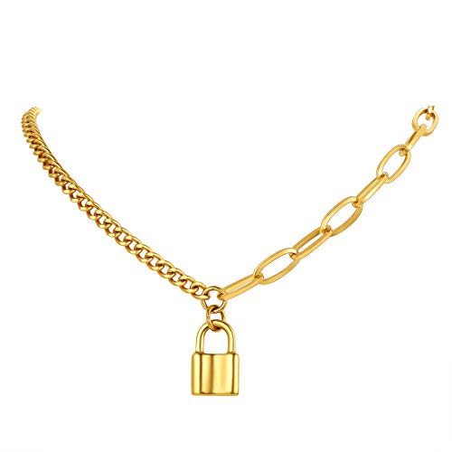 FindChic Handcuff Necklace Padlock Pendant Customized Handcuffs Bracelet Stainless Steel/18K Gold Plated/Black Curb Chain Interlocking 16inch/18inch Friendship Statement Necklace for Girls &