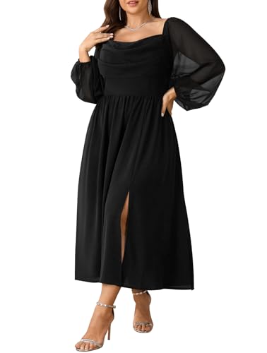 Women's Plus Size Dress Chiffon Long Sleeve Cowl Neck Wedding Guest Cocktail Party Maxi Dress