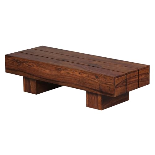 FineBuy Couchtisch rechteckig Sheesham Massivholz 120 cm – Wohnzimmertisch eckig im Block Design, Moderner Holztisch handgefertigt, Design Naturmöbel Braun