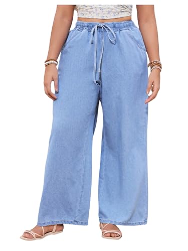 Verdusa Women's Plus Size Lightweight Wide Leg Jeans High Waisted Denim Pants with Pockets
