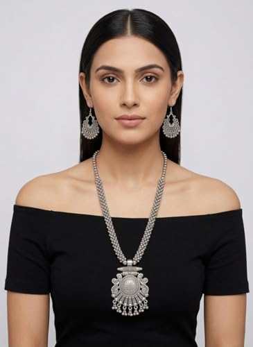Image of Oxidised Long Necklace and Earrings Set | Traditional Ethnic Tribal Design | Dual-Layer Beaded Chain with Circular Pendant | For Women and Girls