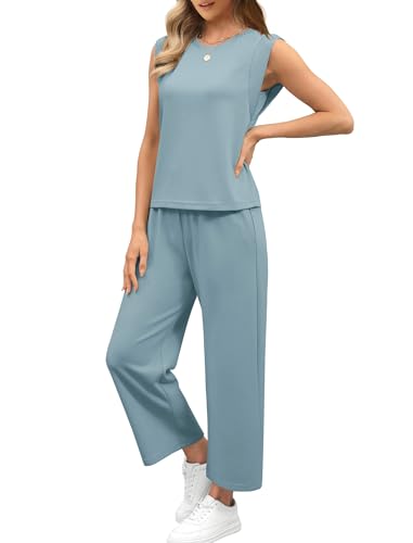 Image of SAMPEEL Two Piece Sets for Women Casual Travel Vacation Outfits Summer Wide Leg Crop Pants Lounge Sets