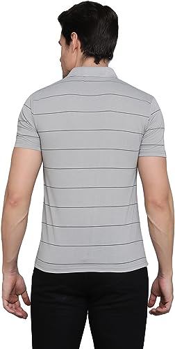 Image of INKKR Men's Striped Polo Neck Cotton Blend Multicolor T-Shirt