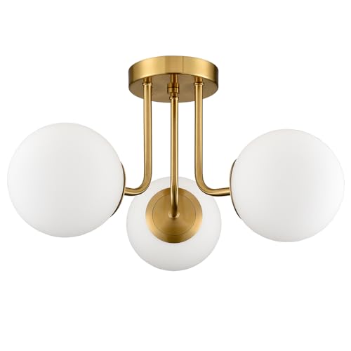 SHAWNKEY Modern Brass Gold 3-Light Ceiling Light with Globe White Glass Shade Semi Flush Mount Ceiling Light for Living Room Hallway Sputnik Chandelier Lighting Fixture by SHAWNKEY - Used condition - US$110.49